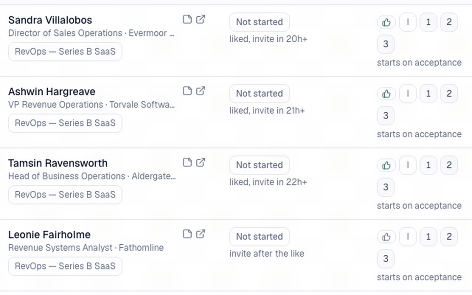 Contact rows showing a like, then “liked, invite in 20h+”.